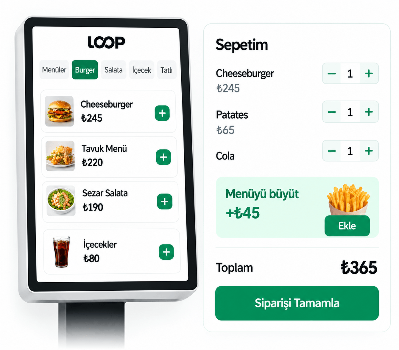 Loop Kiosk sipariş ekranı